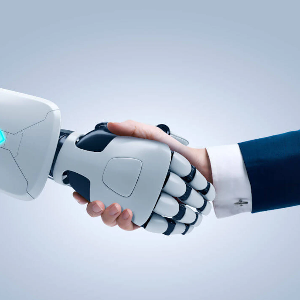 Robotarm schudt hand van man